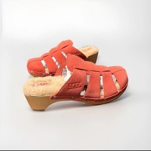 UGG Red Suede Mules with Wooden Heel